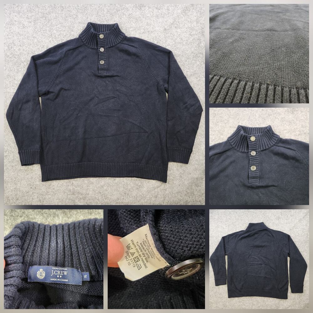 J Crew Sweater Mens XL Navy‎ Blue 100% Cotton Button Mock Neck Pullover Knit
